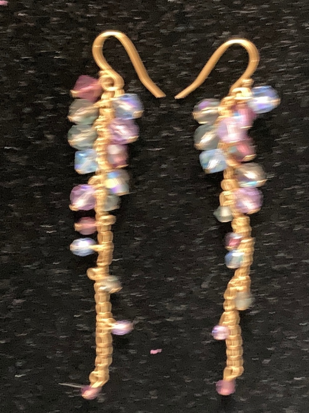 Yellow Gold Tone Long Drop Earrings/Shades of Blue & Purple Faceted Beads/NEW!
